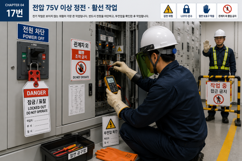 전원을 차단하고 LOTO를 적용한 뒤 배전반의 무전압 상태를 측정하며 작업구역을 통제하는 전기작업 Scene