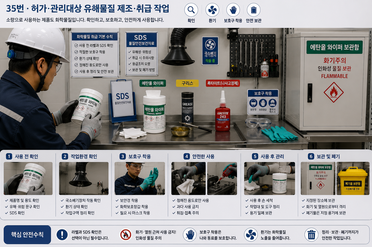 작업자가 에탄올 와이퍼 Label을 확인하고 구리스와 나사고정제, MSDS, 보호구, 환기와 보관상태를 함께 확인하는 화학물질 취급 Scene