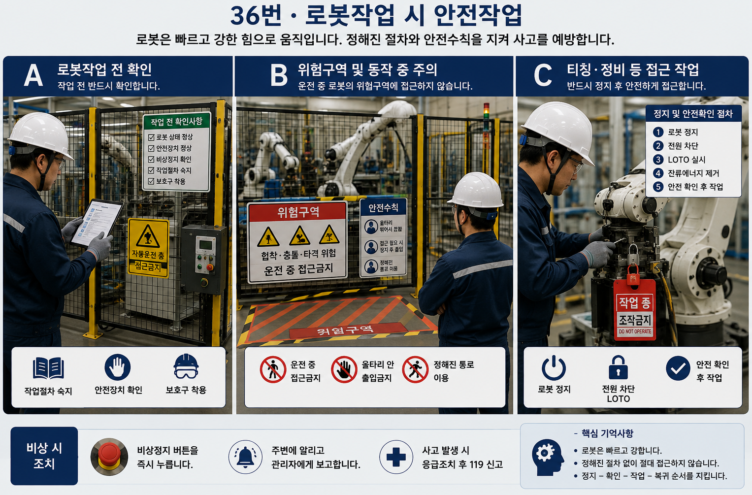 A Sector: 작업자가 안전펜스 밖에서 작업절차와 로봇 상태, 안전장치, 비상정지 위치를 확인하는 Scene